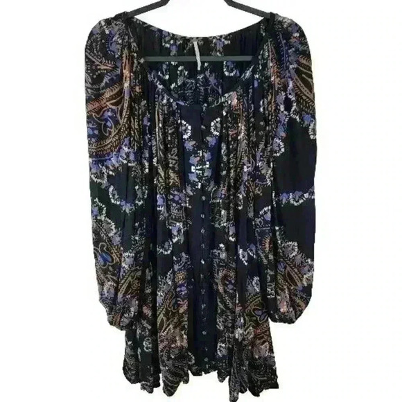 Free People Tunic Womens Small Paisley Peasant Button Scoop Neck Boho - Picture 1 of 16